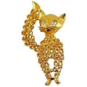 Vintage Cat Pin with Rhinestone Eyes and Textured Goldtone Body, Trendy Pin, Pin